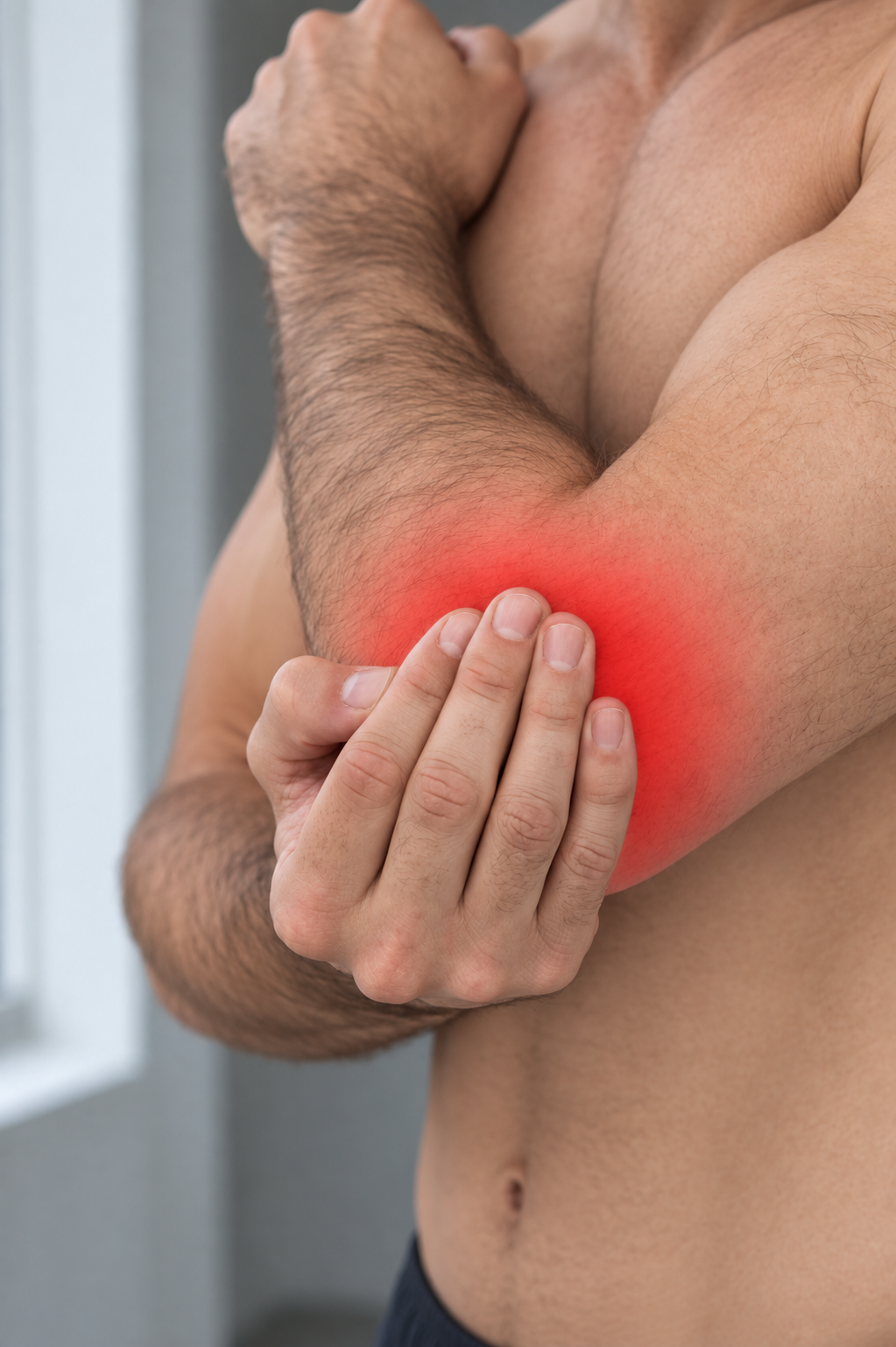Man experiencing discomfort around his elbow